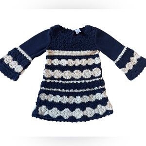 Baby Gap Navy Cream Crochet Sweater Dress 6-12M 2010 Boho Knit